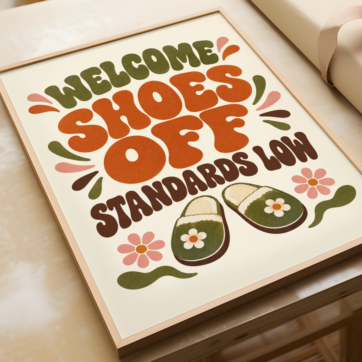 Welcome Shoes Off Standards Low Funny Hallway Print, Retro Home Humour Wall Art