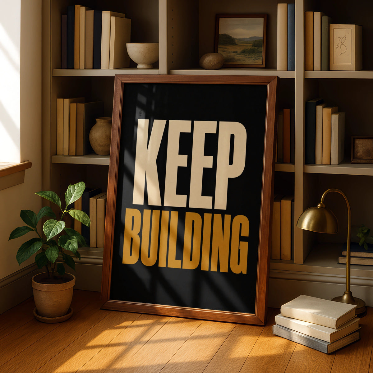 Keep Building Motivational Poster, Bold Typography Wall Art, Black Gold Office Print