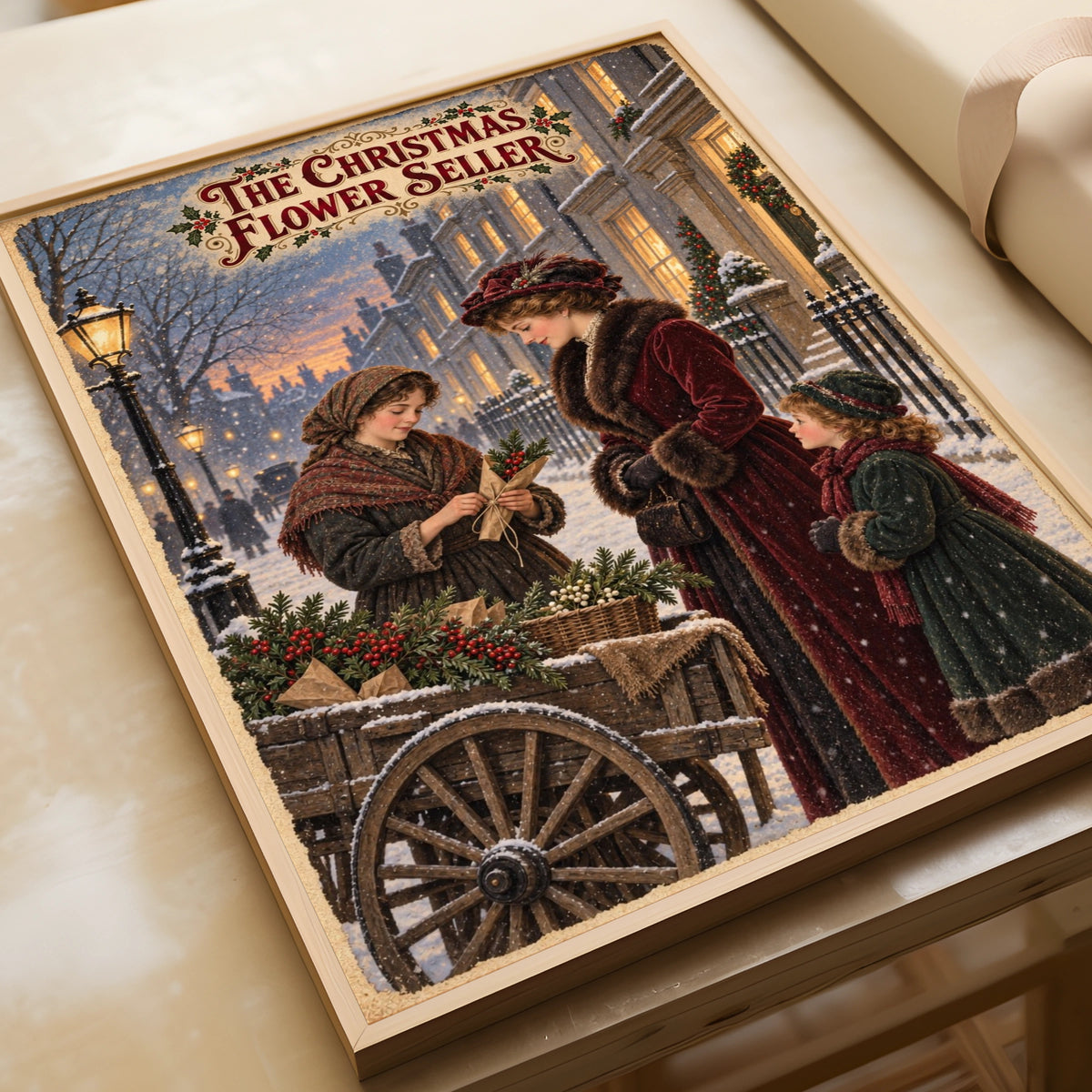 Victorian Christmas Flower Seller Poster, Vintage Snowy Street Wall Art Print
