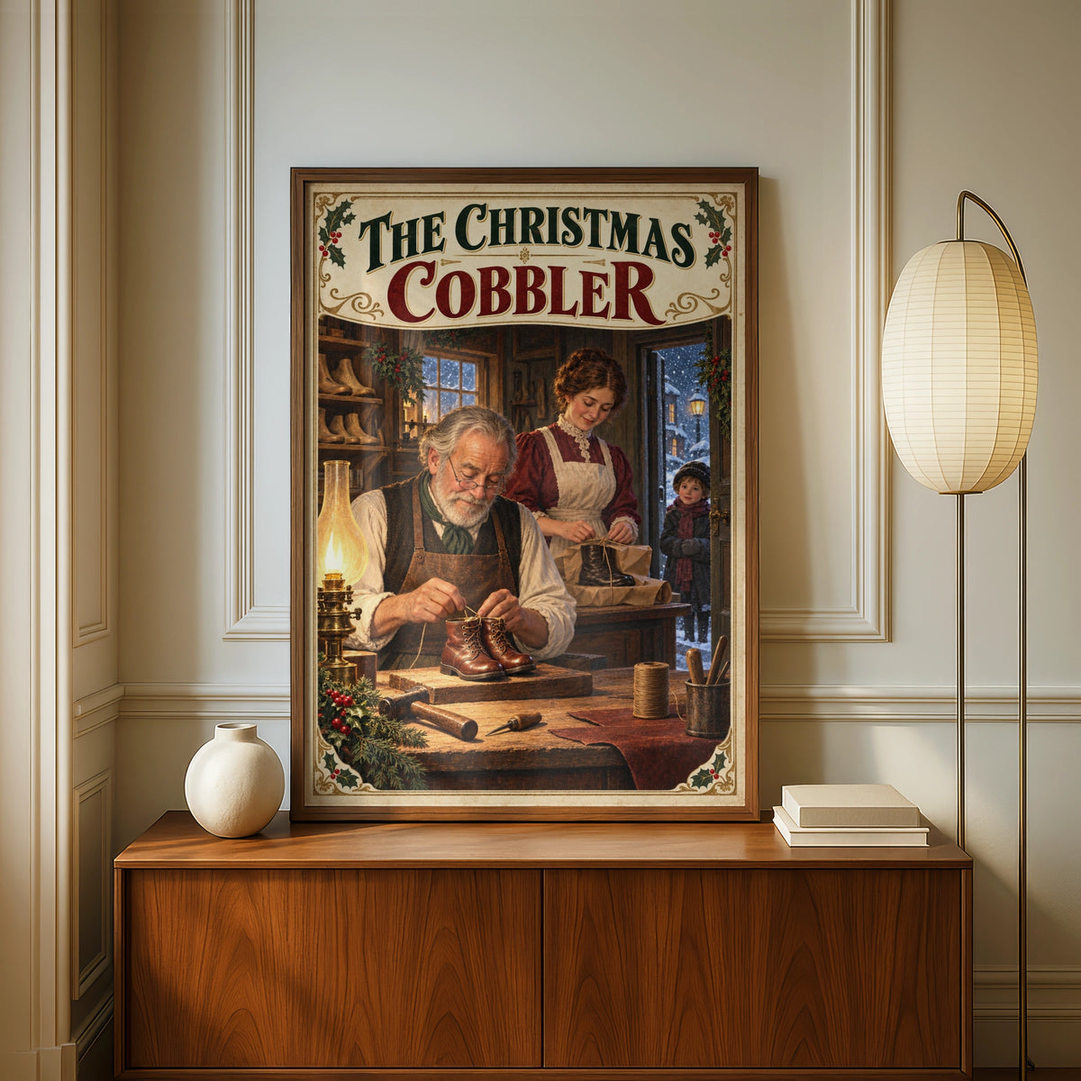The Christmas Cobbler Vintage Poster, Victorian Holiday Wall Art, Festive Craft Print