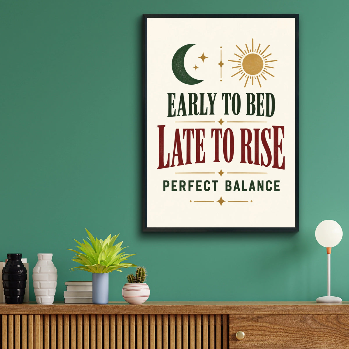 Early to Bed Late to Rise Funny Quote Poster, Sun Moon Wall Art, Bedroom Print