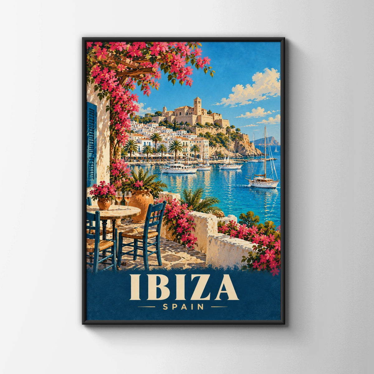 Ibiza Spain Travel Poster, Mediterranean Harbour Wall Art, Vintage Style Print