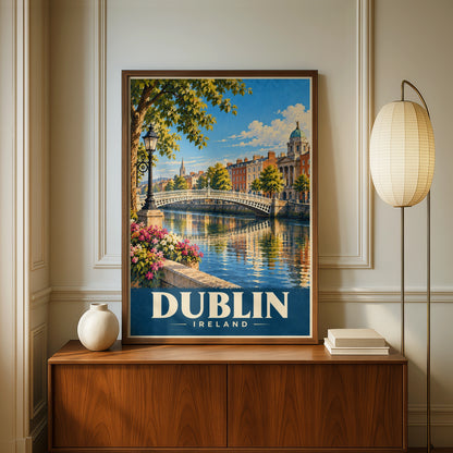 Dublin Ireland Travel Poster, Ha'penny Bridge Wall Art, Vintage Irish City Print