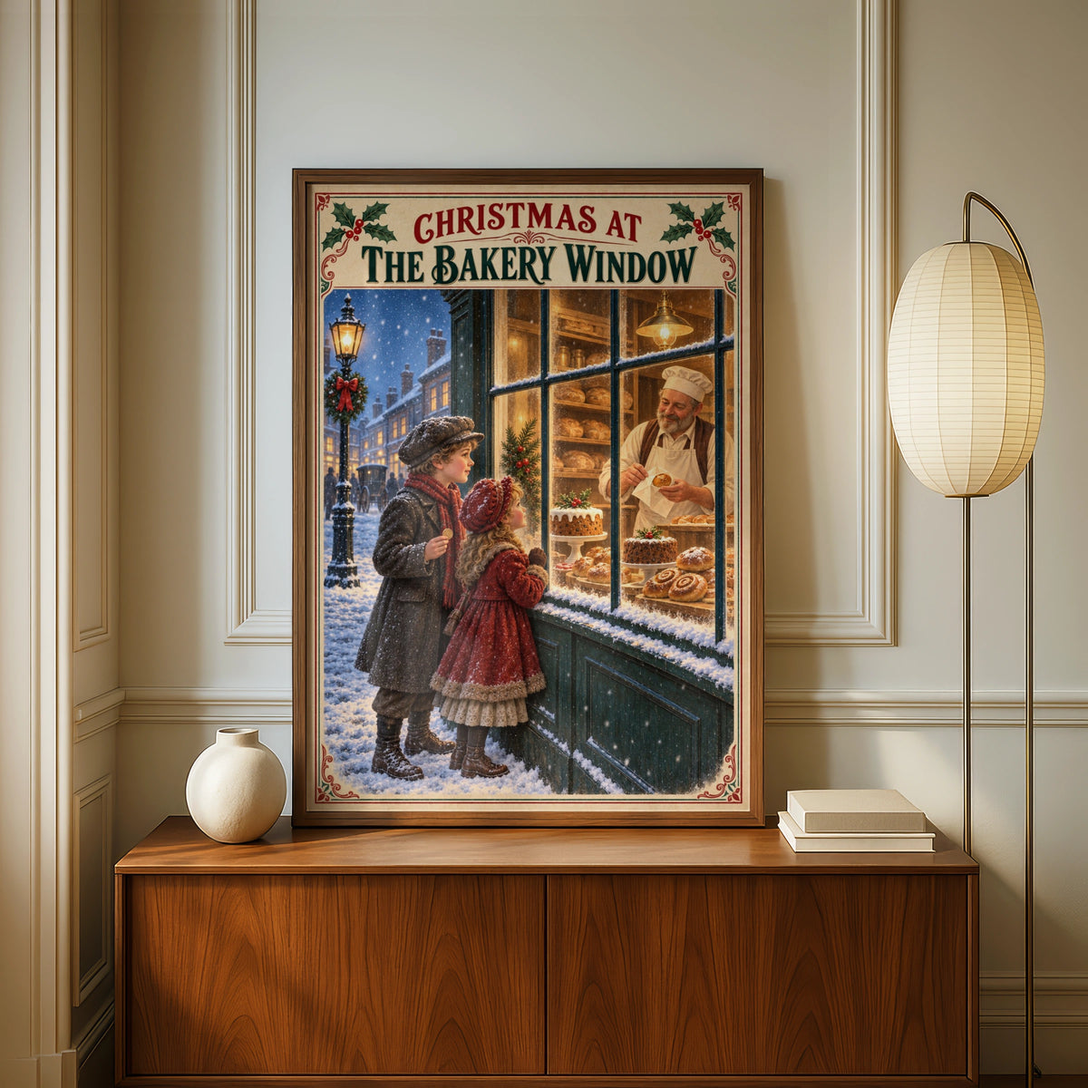 Christmas Bakery Window Poster, Vintage Victorian Snowy Street Wall Art Print