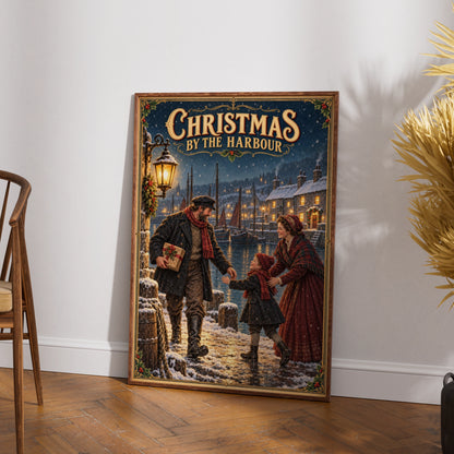 Christmas by the Harbour Poster, Victorian Nautical Xmas Wall Art, Snowy Festive Print