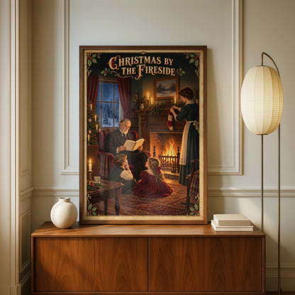 Christmas by the Fireside Poster, Victorian Family Print, Vintage Holiday Wall Art