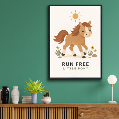 Run Free Little Pony Print, Cute Horse Nursery Wall Art, Kids Room Poster, Boho