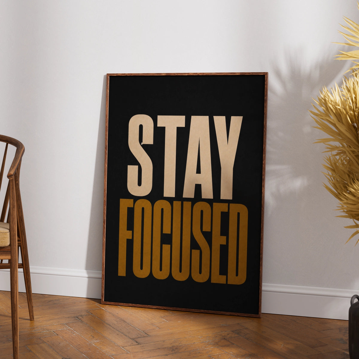 Stay Focused Motivational Poster, Bold Typography Print, Black Gold Office Wall Art