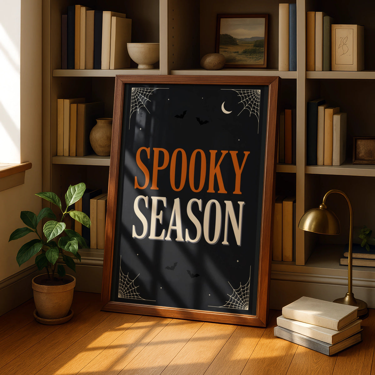 Spooky Season Halloween Poster, Black Orange Wall Art, Bat Spider Web Print, A3