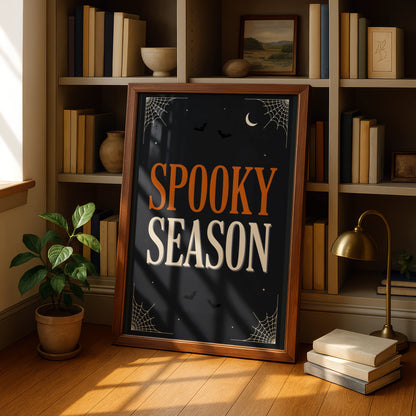 Spooky Season Halloween Poster, Black Orange Wall Art, Bat Spider Web Print, A3
