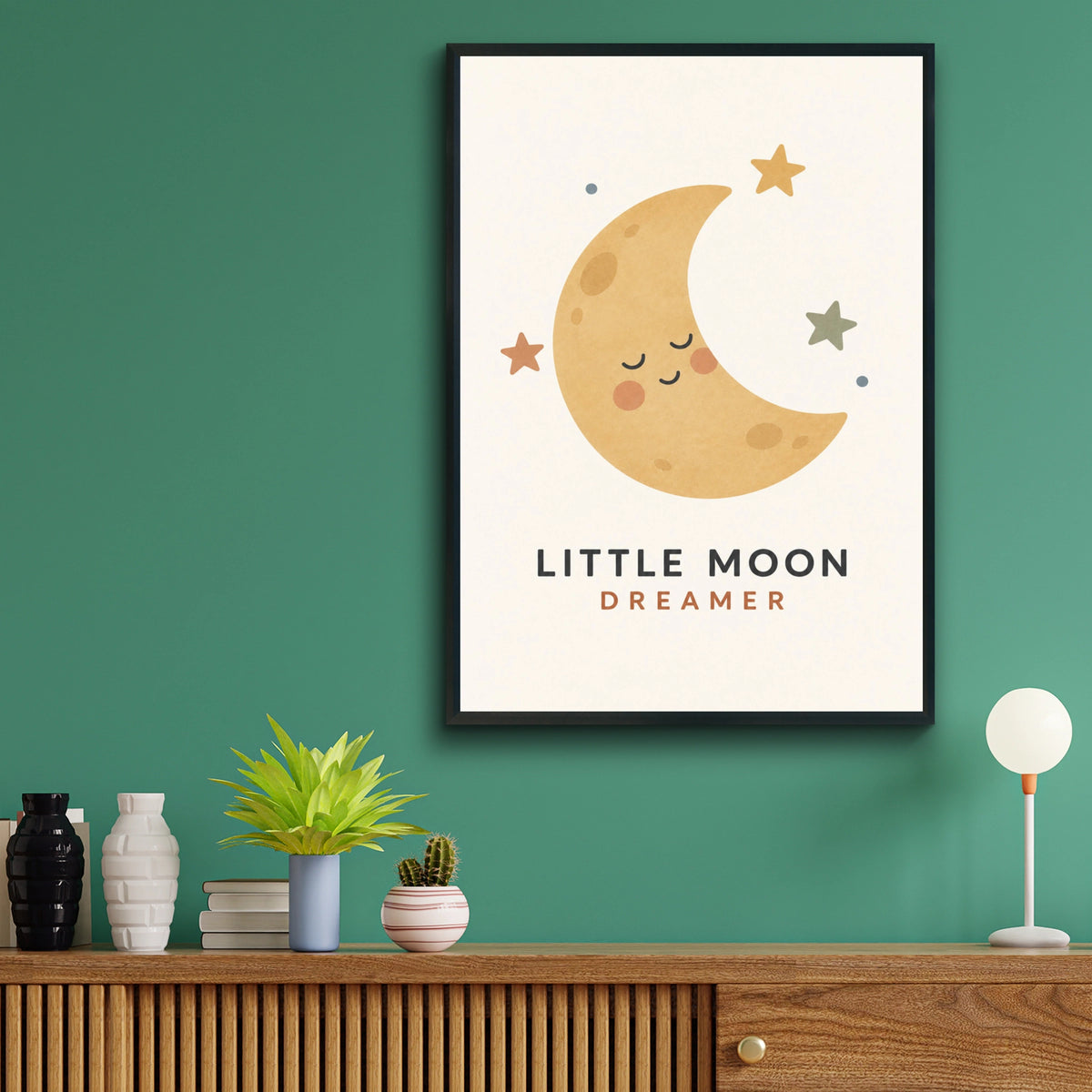 Little Moon Dreamer Nursery Poster, Boho Baby Room Wall Art, Crescent Moon Stars Print