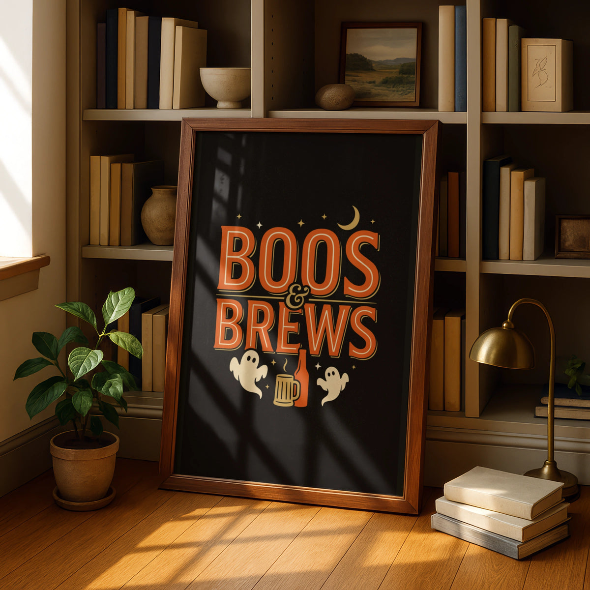 Boos and Brews Halloween Poster, Ghost Beer Print, Spooky Bar Wall Art, Orange Black