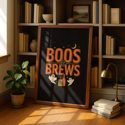 Boos and Brews Halloween Poster, Ghost Beer Print, Spooky Bar Wall Art, Orange Black