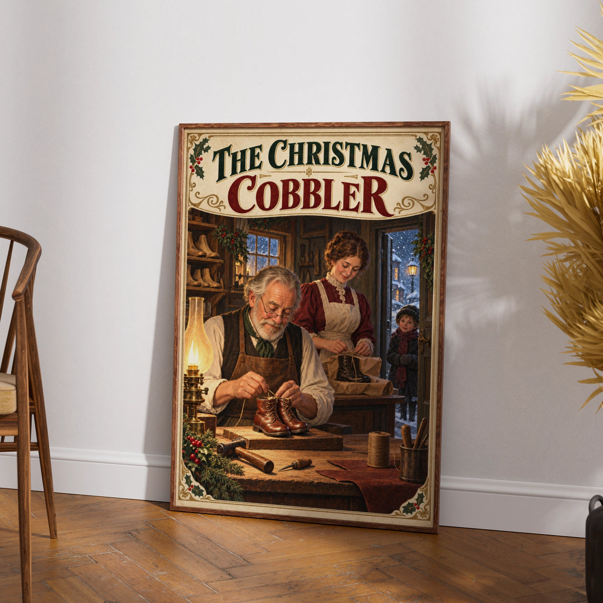 The Christmas Cobbler Vintage Poster, Victorian Holiday Wall Art, Festive Craft Print