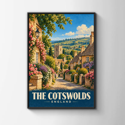 Cotswolds England Travel Poster, Vintage Village Wall Art, English Countryside Print