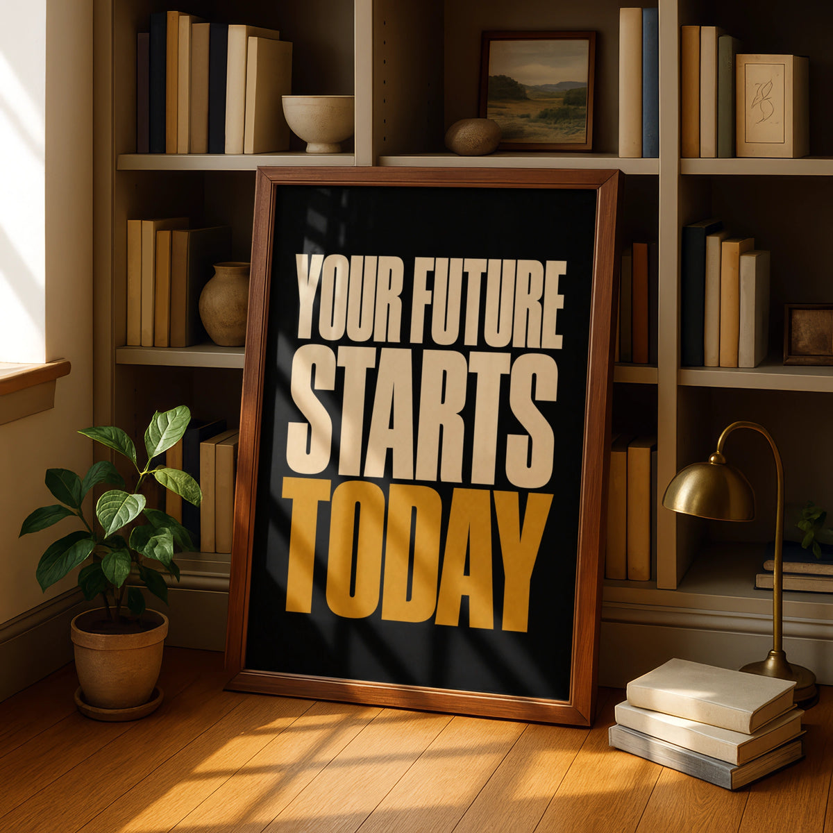 Your Future Starts Today Motivational Quote Poster, Black Gold Bold Typography Wall Art
