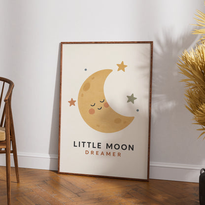 Little Moon Dreamer Nursery Poster, Boho Baby Room Wall Art, Crescent Moon Stars Print