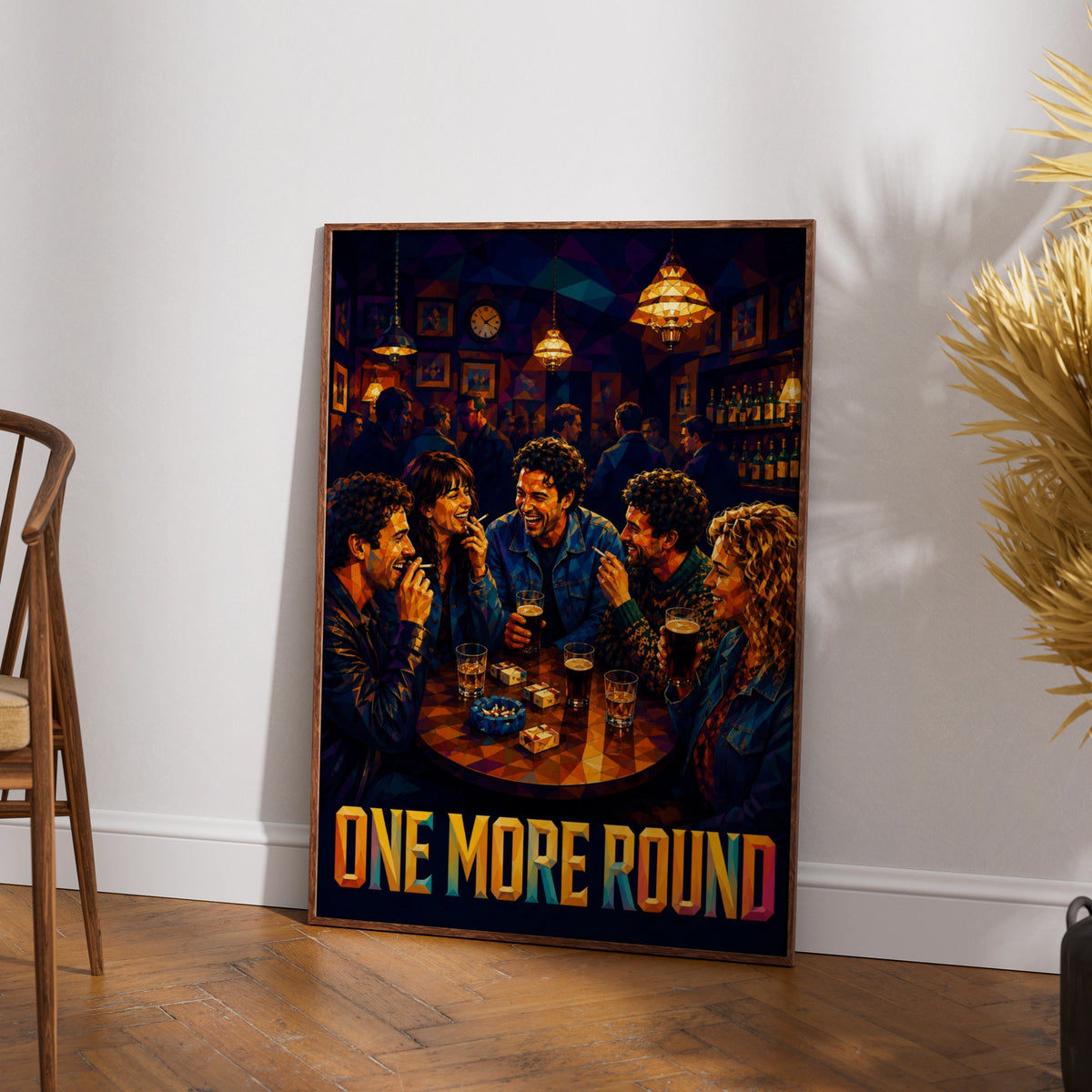 One More Round Pub Poster, Friends Drinking Beer Wall Art, Low Poly Bar Print