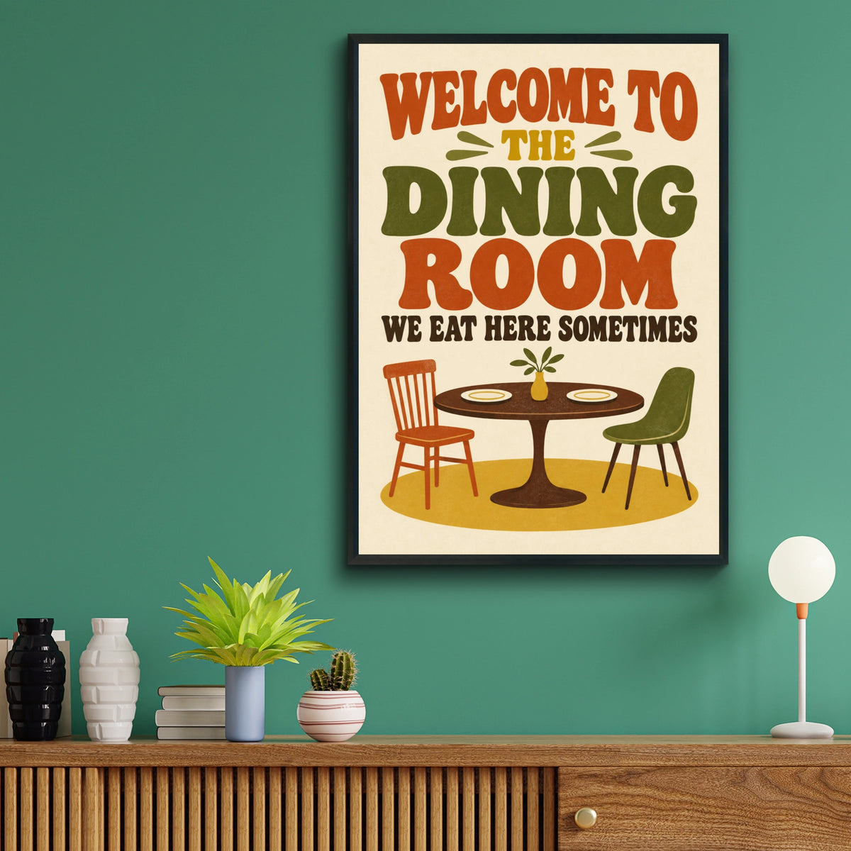 Welcome To The Dining Room Poster, Retro Typography Print, Funny Kitchen Wall Art
