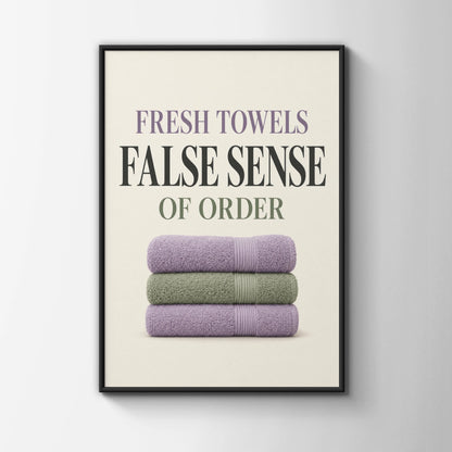 Fresh Towels False Sense of Order Funny Bathroom Poster, Humour Wall Art Print