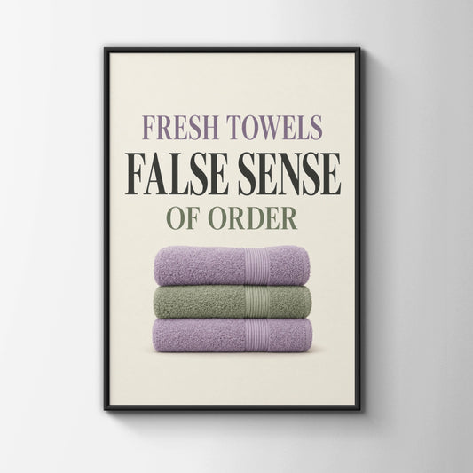 Fresh Towels False Sense of Order Funny Bathroom Poster, Humour Wall Art Print