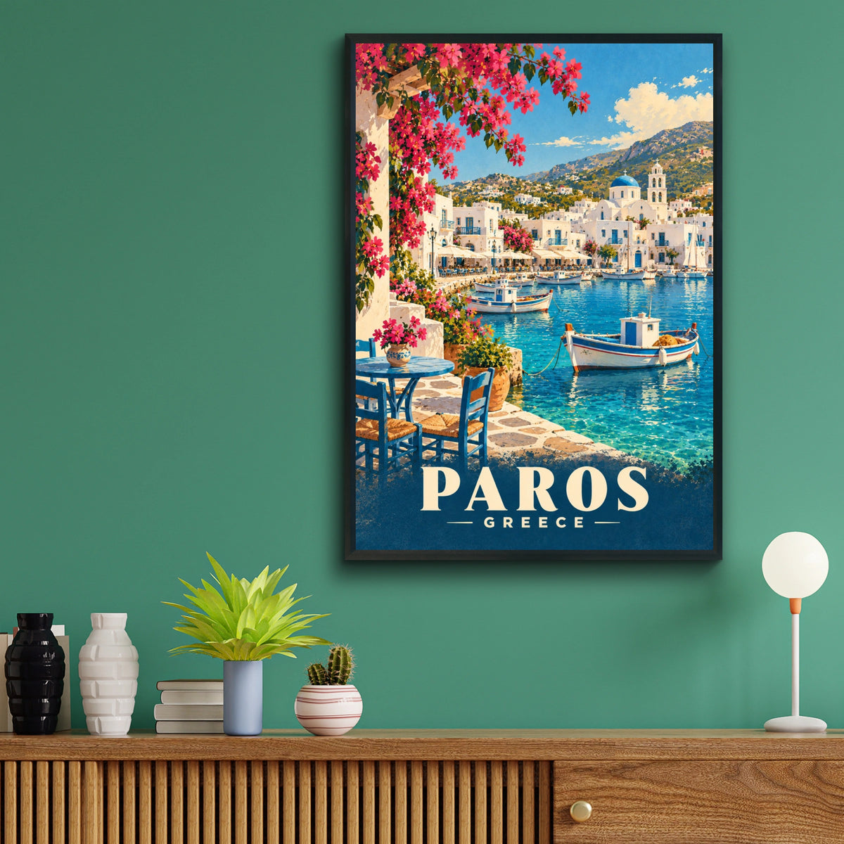 Paros Greece Travel Poster, Greek Island Wall Art, Mediterranean Harbour Print