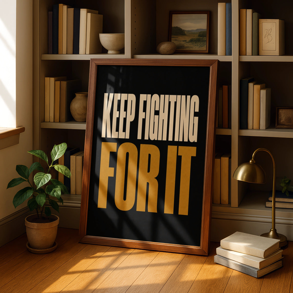 Keep Fighting For It Motivational Quote Poster, Bold Black Gold Typography Wall Art