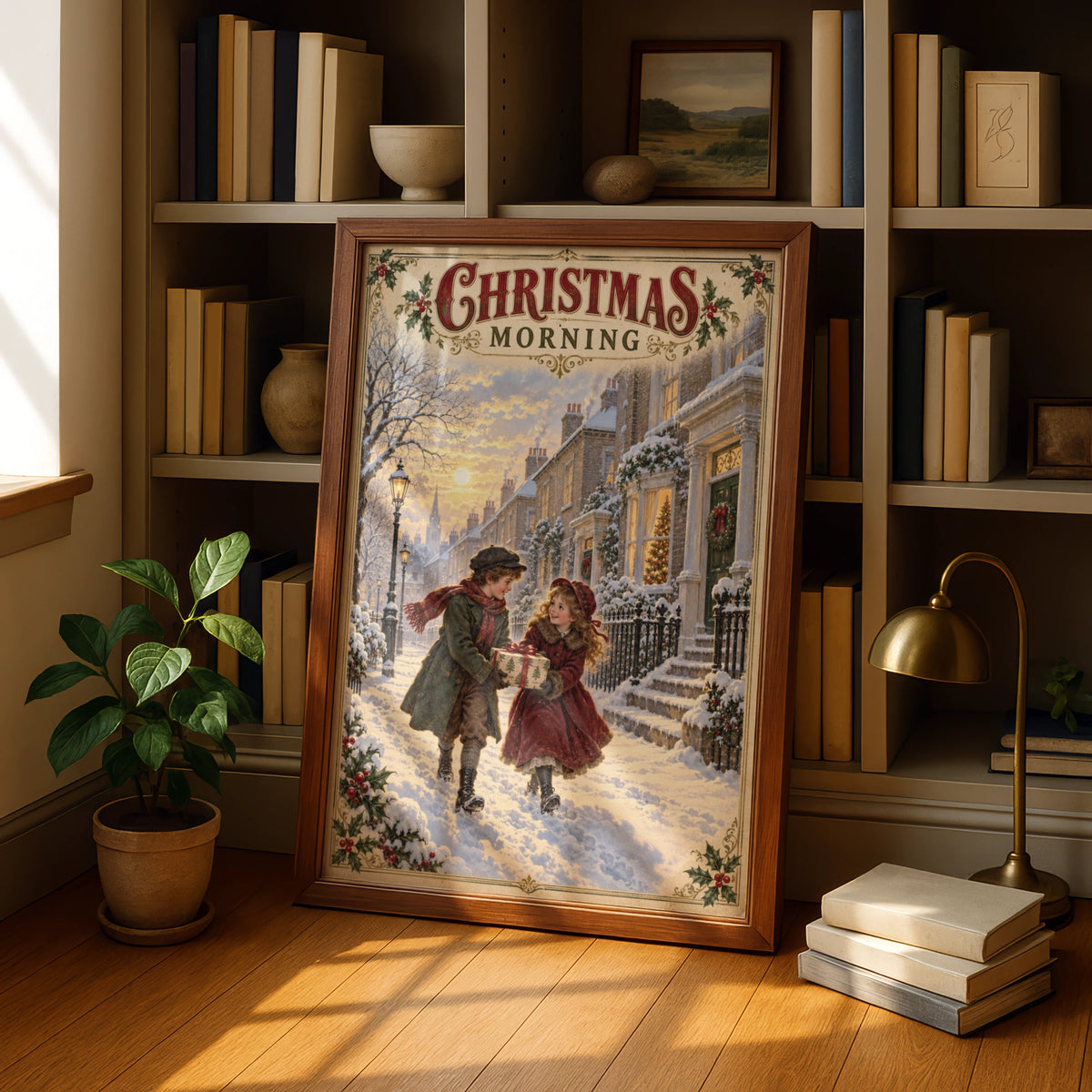Victorian Christmas Morning Street Scene Poster, Vintage Snowy Children Wall Art Print
