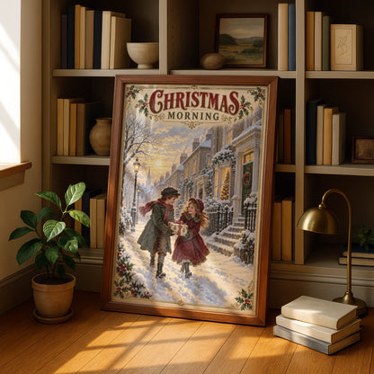 Victorian Christmas Morning Street Scene Poster, Vintage Snowy Children Wall Art Print
