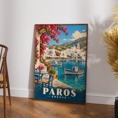 Paros Greece Travel Poster, Greek Island Wall Art, Mediterranean Harbour Print
