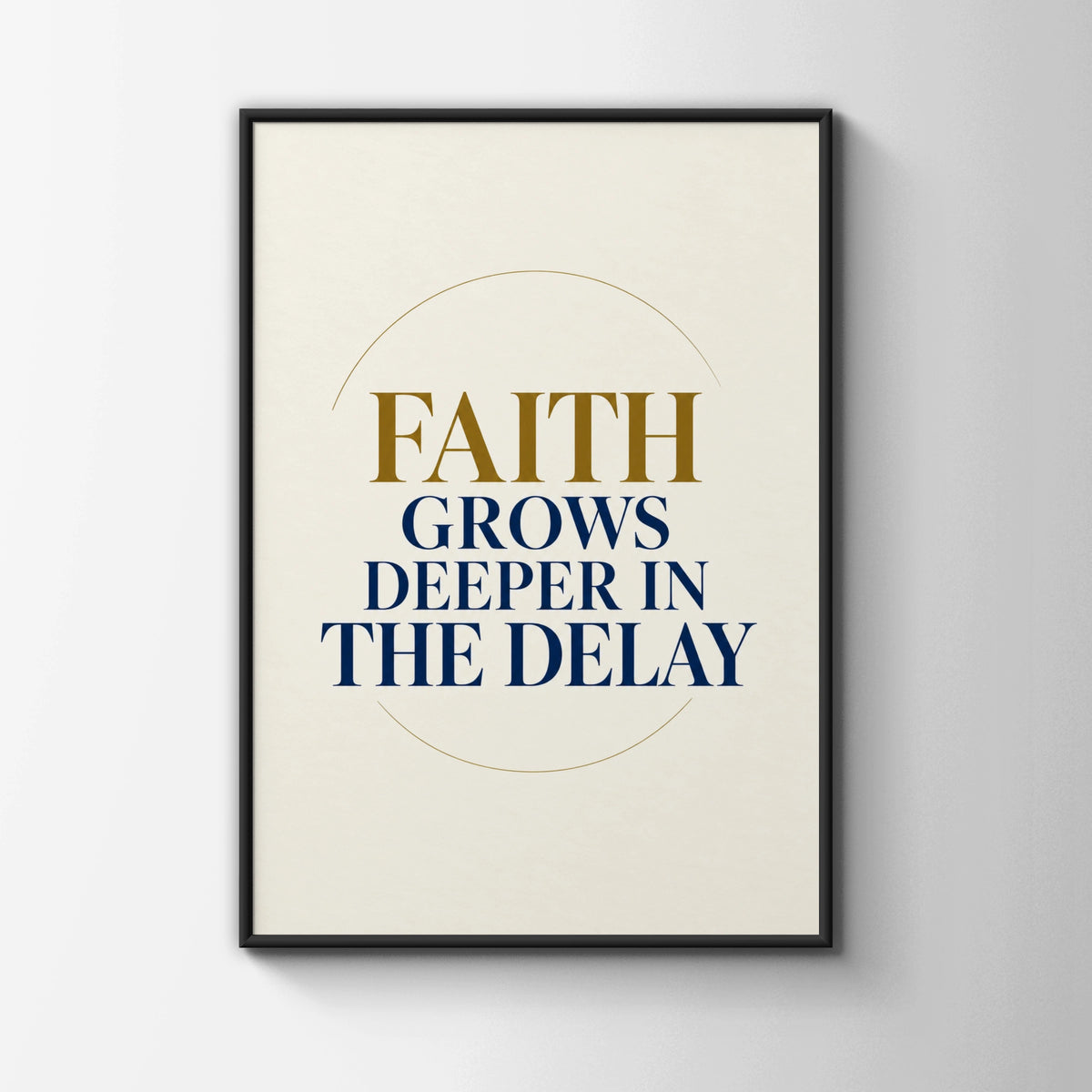 Faith Grows Deeper In The Delay Christian Poster, Navy Gold Quote Wall Art Print