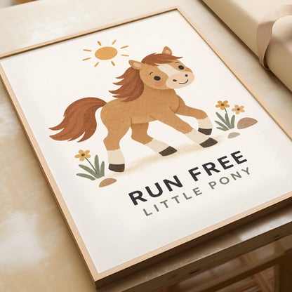 Run Free Little Pony Print, Cute Horse Nursery Wall Art, Kids Room Poster, Boho
