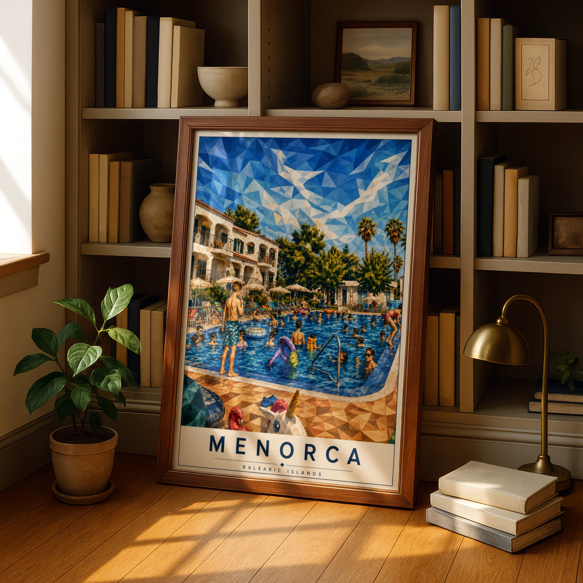 Menorca Travel Poster, Balearic Islands Pool Print, Spain Holiday Wall Art, Geometric Low Poly