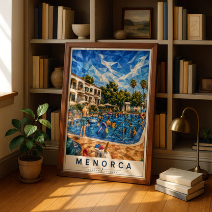 Menorca Travel Poster, Balearic Islands Pool Print, Spain Holiday Wall Art, Geometric Low Poly