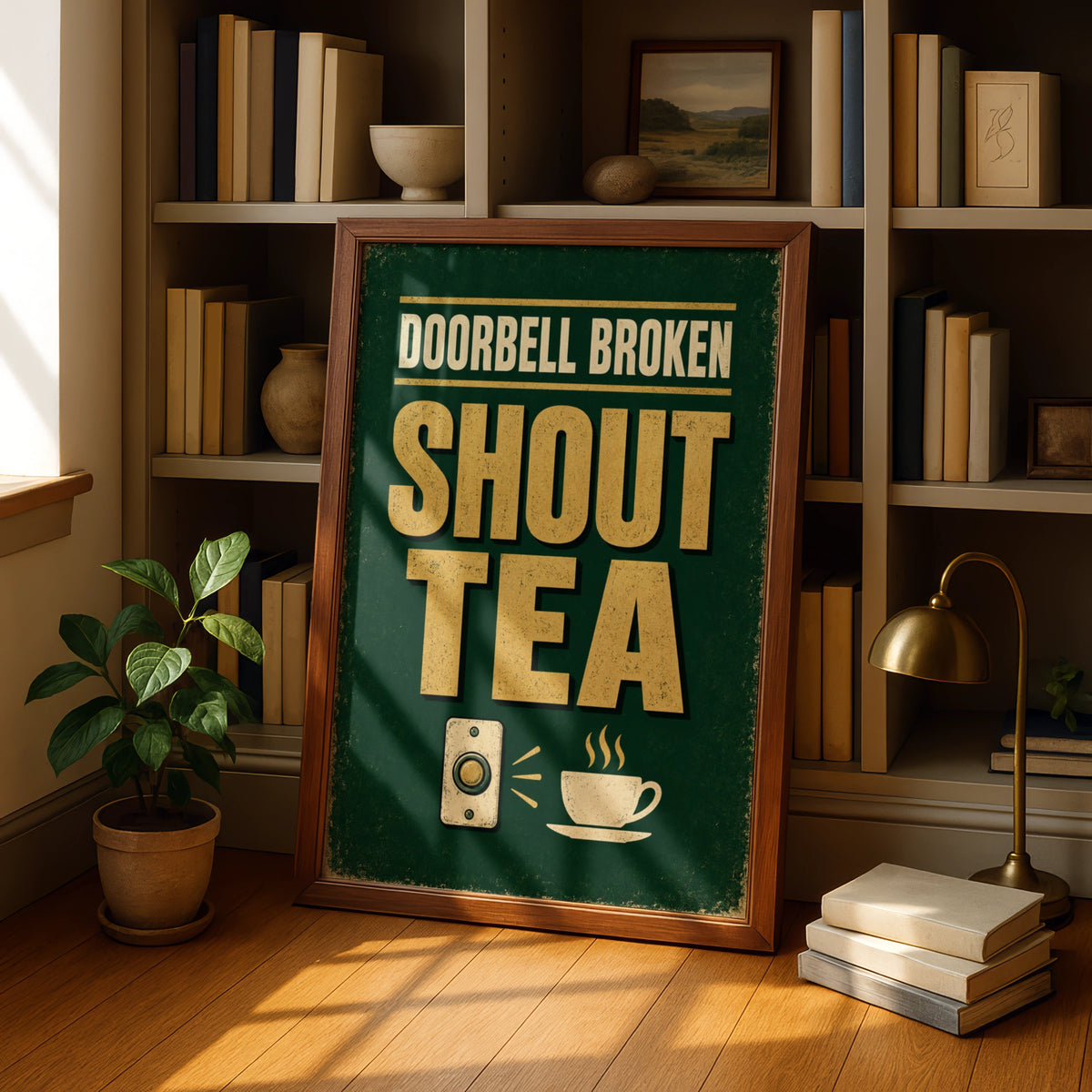 Doorbell Broken Shout Tea Funny Kitchen Poster, British Humour Home Wall Art Print