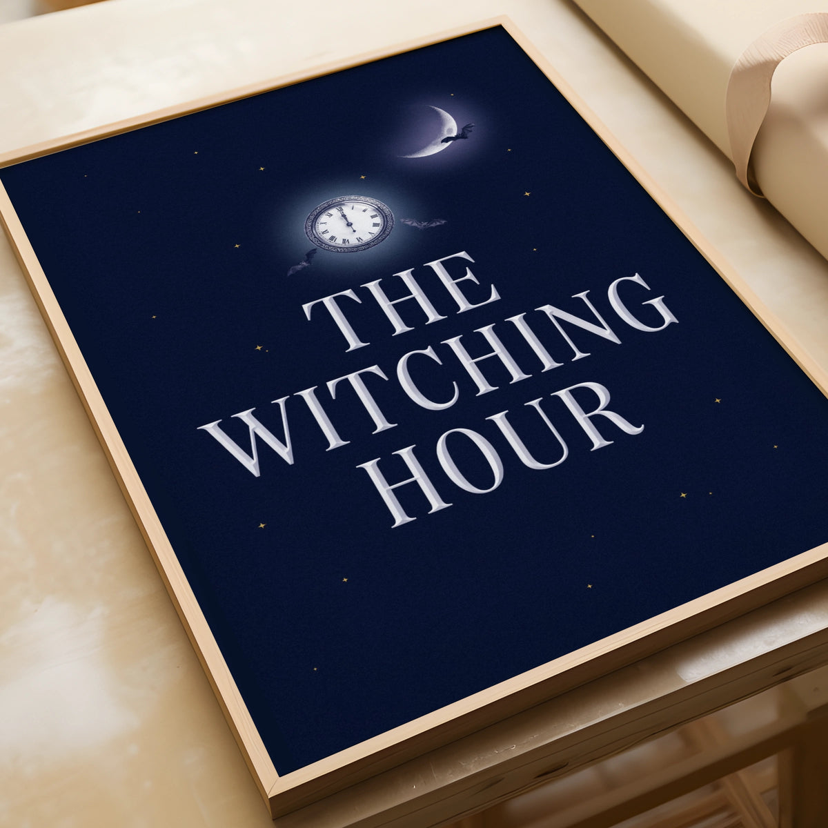 The Witching Hour Halloween Poster, Gothic Bat Moon Clock Wall Art, Dark Navy Print