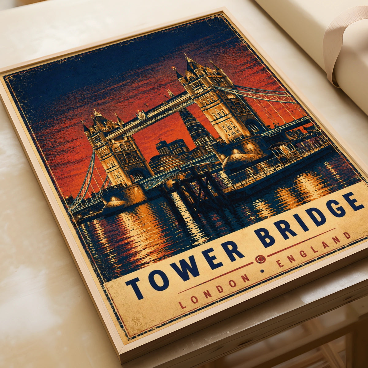 Tower Bridge London Vintage Travel Poster, Retro England Wall Art Print