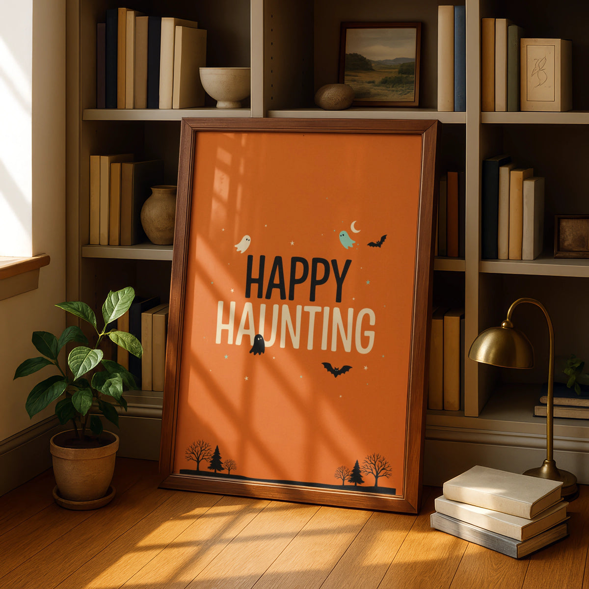 Happy Haunting Halloween Poster, Ghost Bat Orange Wall Art, Spooky Season Print