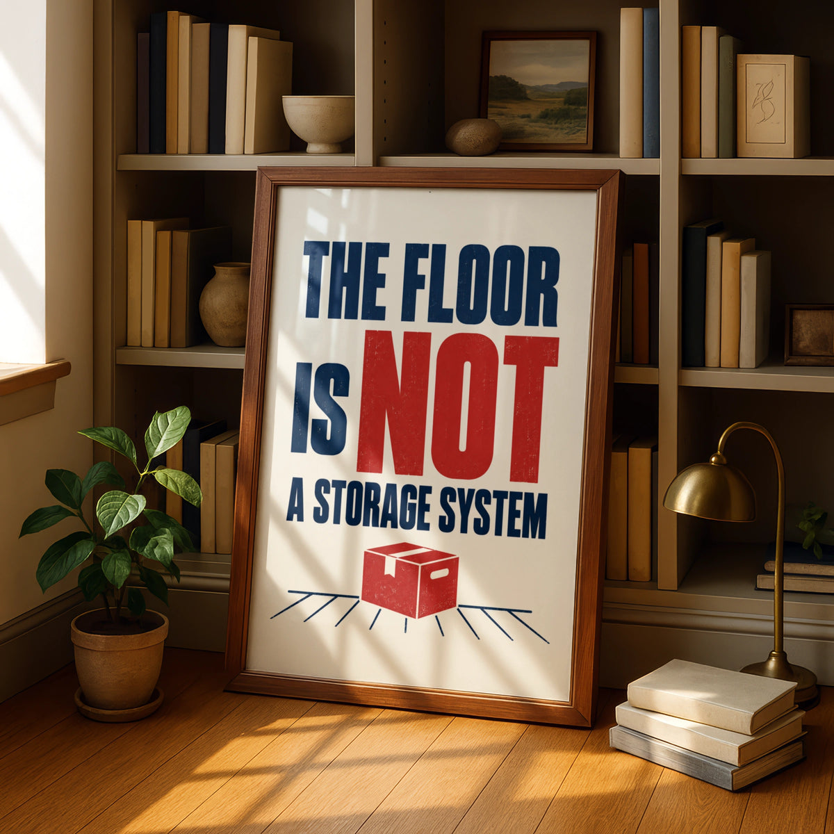 The Floor Is Not A Storage System Funny Home Humour Poster, Navy Red Typography Print