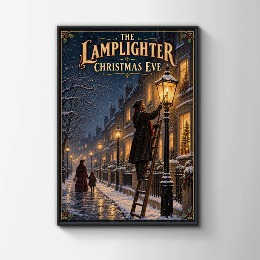 Victorian Christmas Eve Poster, Lamplighter Snow Street Wall Art, Dickensian Festive Print