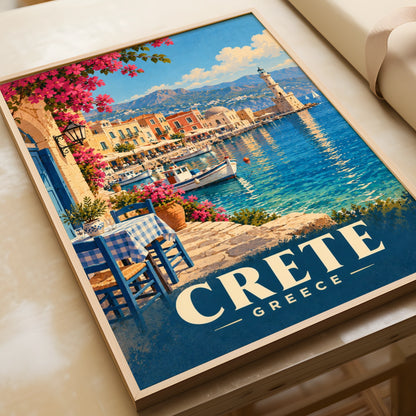 Crete Greece Travel Poster, Chania Harbour Wall Art, Mediterranean Print, Greek Island Decor
