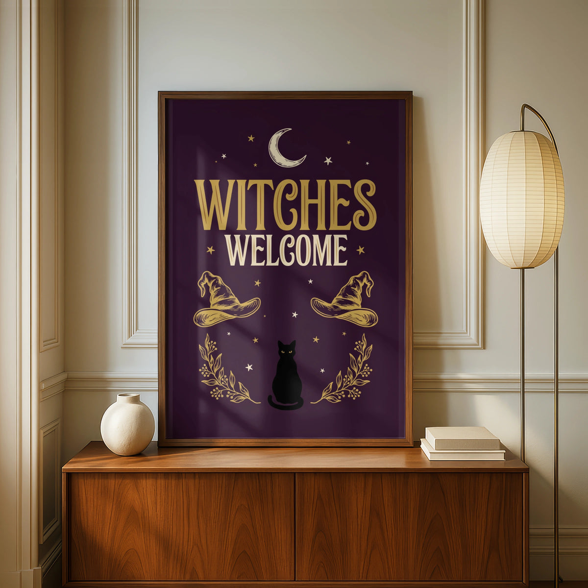 Witches Welcome Poster, Black Cat Moon Wall Art, Gothic Halloween Print, Dark Purple Gold