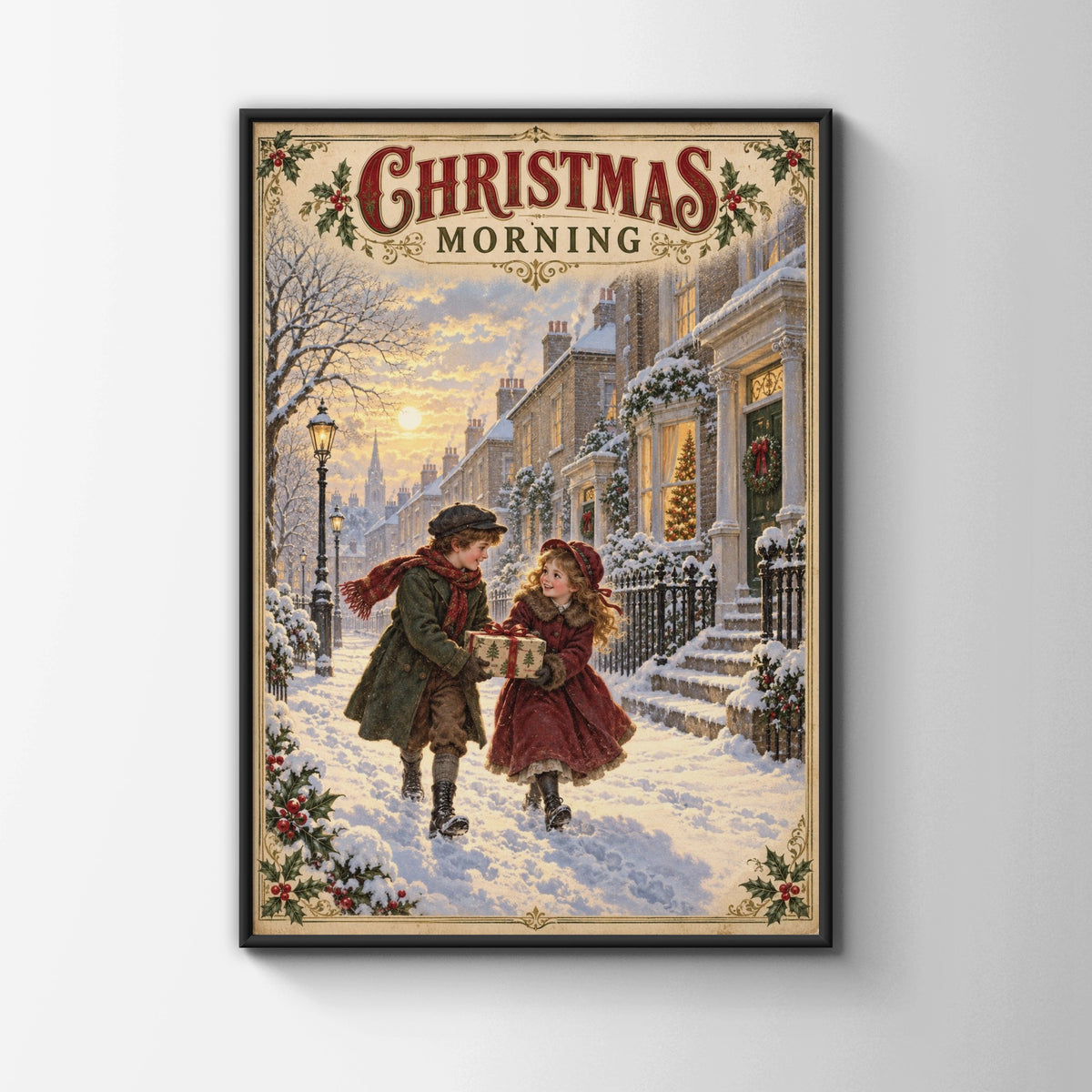Victorian Christmas Morning Street Scene Poster, Vintage Snowy Children Wall Art Print