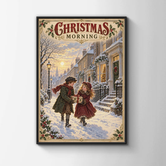 Victorian Christmas Morning Street Scene Poster, Vintage Snowy Children Wall Art Print