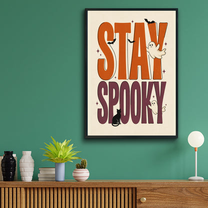 Stay Spooky Halloween Poster, Ghost Bat Black Cat Wall Art, Retro Orange Purple Print