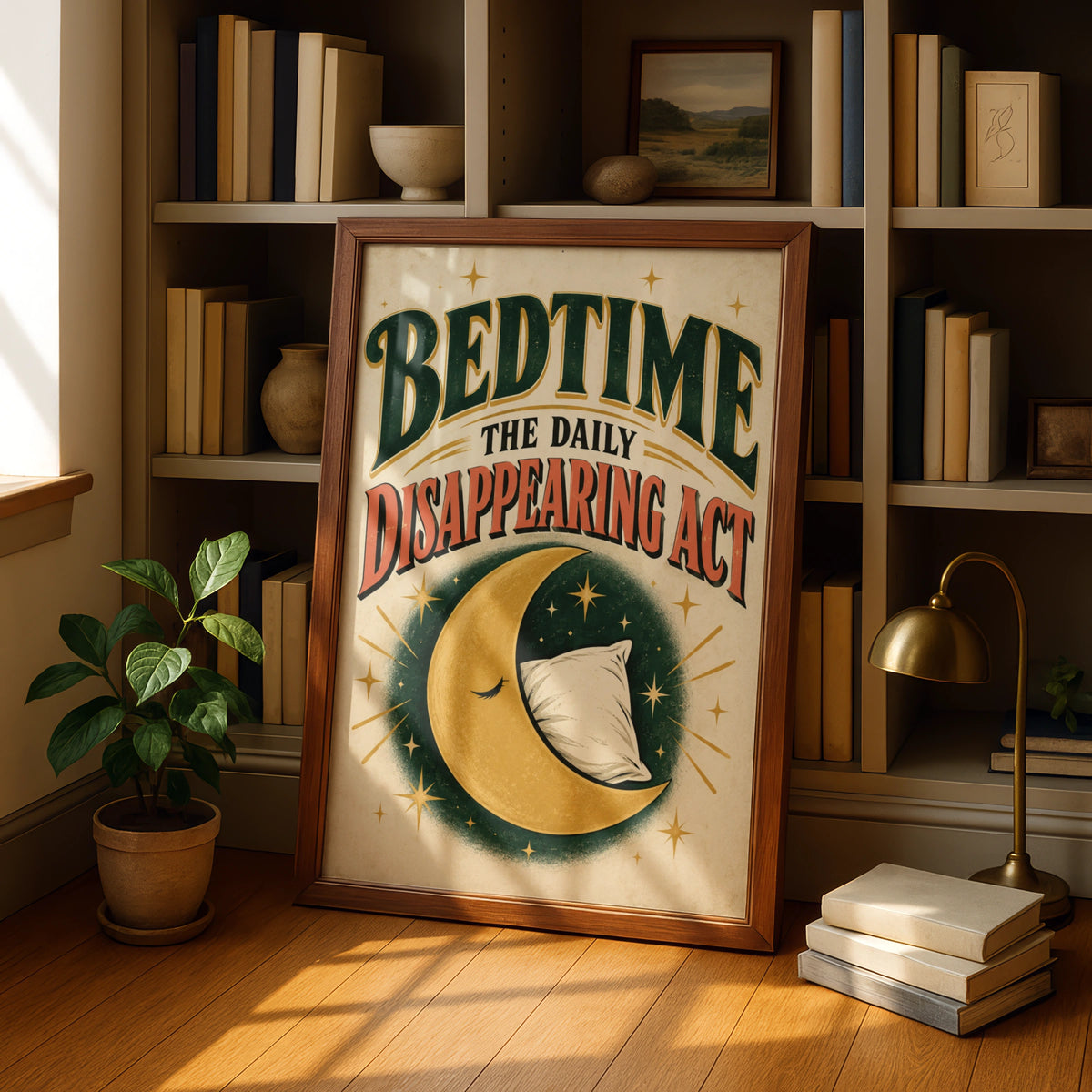 Bedtime Daily Disappearing Act Funny Sleep Poster, Vintage Moon Wall Art Print