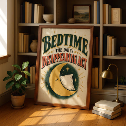 Bedtime Daily Disappearing Act Funny Sleep Poster, Vintage Moon Wall Art Print