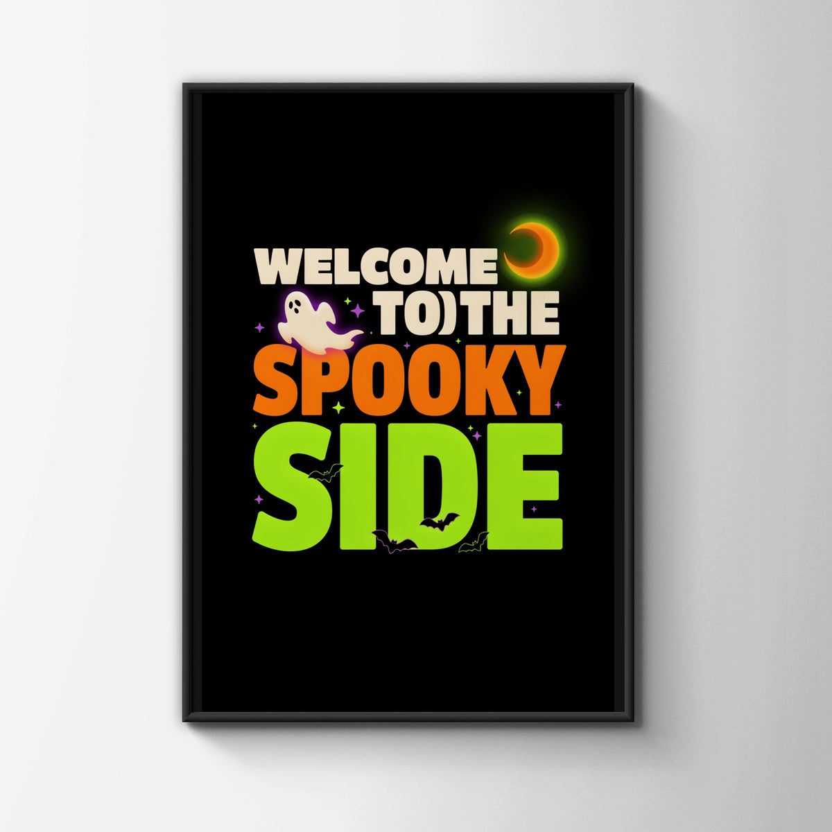 Welcome To The Spooky Side Halloween Poster, Ghost Bat Moon Wall Art Print