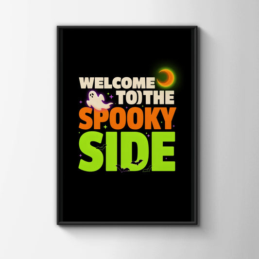 Welcome To The Spooky Side Halloween Poster, Ghost Bat Moon Wall Art Print