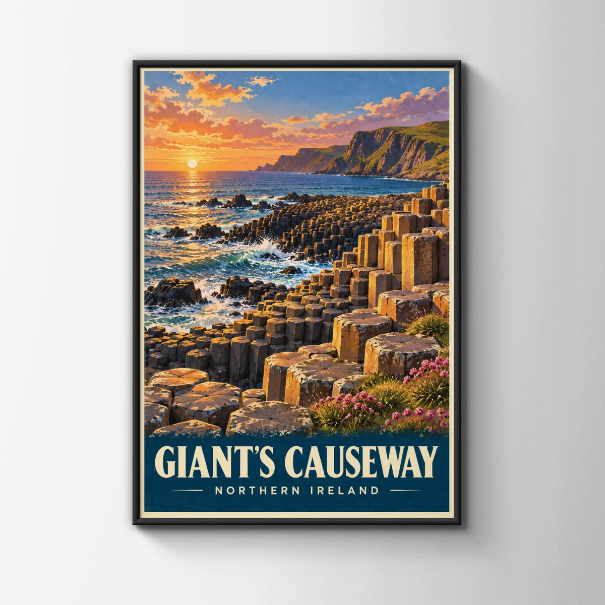 Giant's Causeway Poster, Northern Ireland Travel Print, Retro Coastal Wall Art, Sunset Basalt